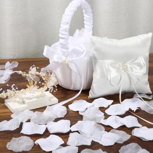 Ring Bearer Pillow - Flower Girl Basket, Wedding Flower Girl Basket and Ring Bearer Pillow Set, 500 Artificial White Ivory Rrose Petals, Fairy Flower Headband, Wedding Ring Pillow for Ceremony