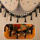 Stuffed Animal Storage Hammock, 56'' Jumbo Boho Macrame Tassels Corner Toy Holder Wall Hanging Net Organizer for Nursery Teddy Plushie, Black Plush Toy Net with Star Light for Boys Girls Gift