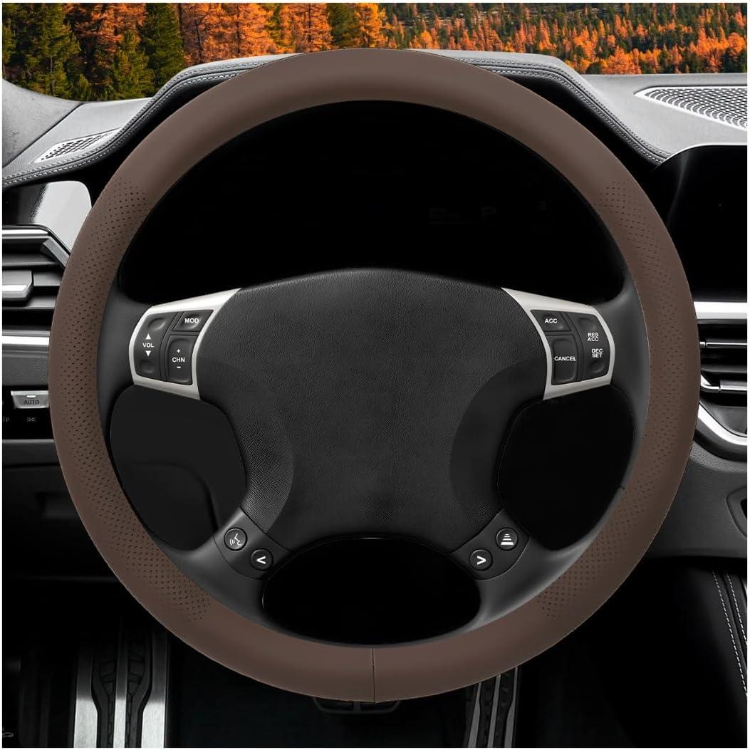 Car Steering Wheel Cover, 15" Breathable Leather Auto Wheel Protector with Comfortable Grip, Non-Slip Perforated Steering Wheel Protective Cover for SUV Truck Sedan Van (Brown)
