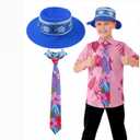 Halloween Zoo Fox Cosplay Costume, Hawaiian Printed Floral Tie, Blue Bucket Hat, One Size, Unisex for Cosplay Party