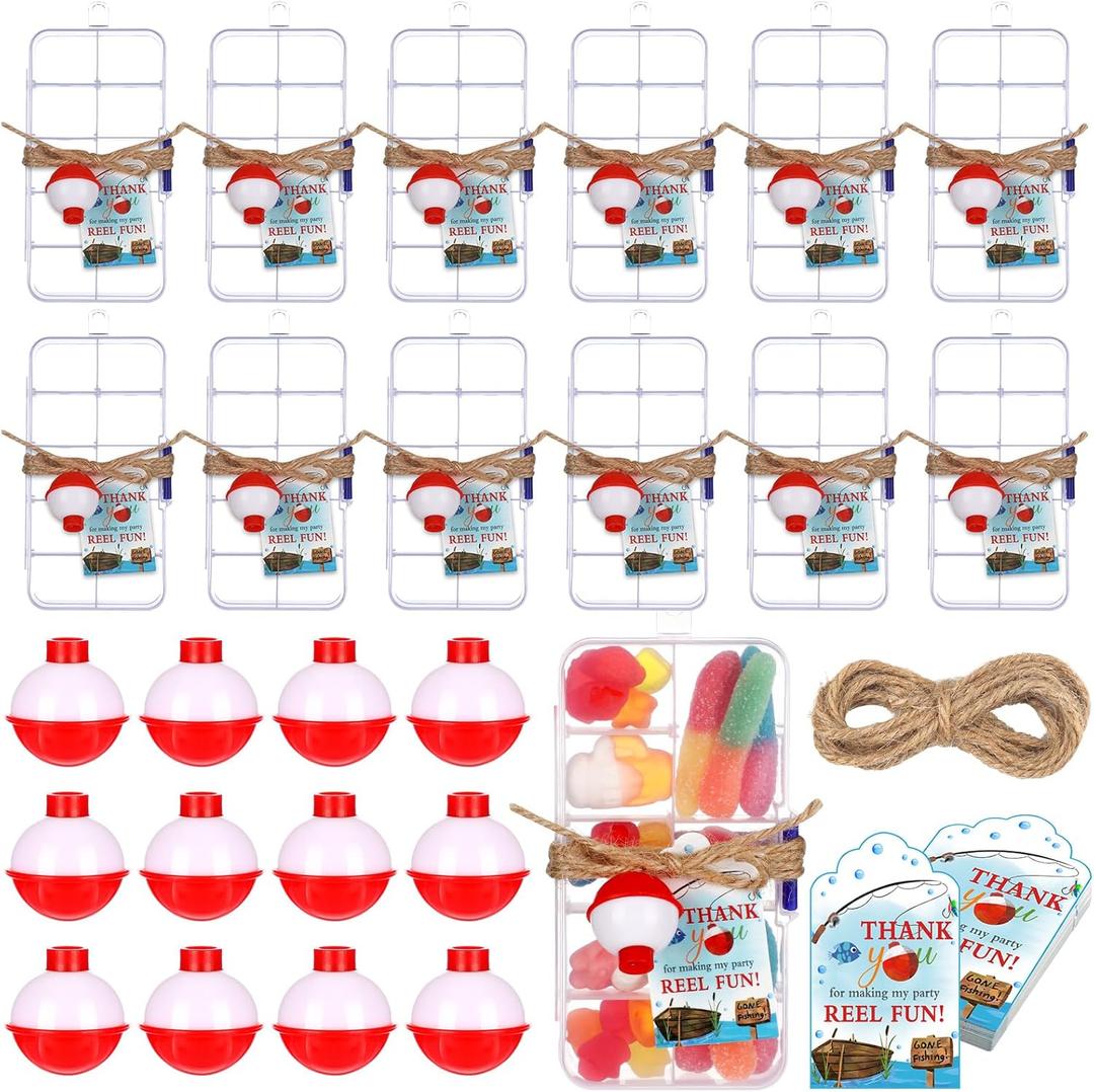 12 Sets Fishing Party Favors Candy Little Tackle Boxes with Red White Floater Thank You Cards for Making My Reel Fishing Theme Party Decorations