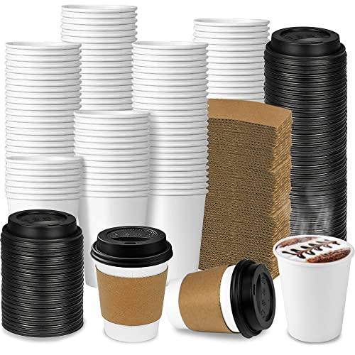 Ginkgo 100-Pack 8 oz Thickened Disposable Coffee Cups with Lids and Sleeves, To Go Cups for Hot Beverages, Perfect for Hot Coffee, Cocoa, and Chocolate