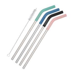 BIOSMART Reusable Stainless Steel Straw Set w/ Silicone Tips & 1 Cleaning Brush 5 Pack