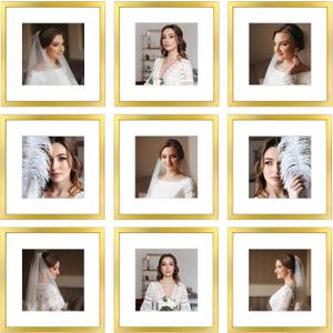 12x12 Picture Frame Set of 9, Display Pictures 8x8 with Mat or 12x12 without Mat, Multi Collage Gallery Square Photo Frames for Wall or Tabletop, Gold