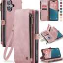 Defencase Compatible with iPhone 16 Plus Case Wallet with RFID Blocking Card Holder for Women Men, PU Leather Magnetic Snap Flip Zipper Strap Wallet Phone Case Fit for iPhone 16 Plus 6.7", Rose Pink