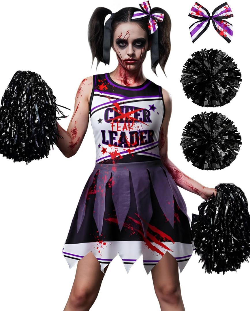 JenPen Scary Halloween Cheerleader Outfit for Girl Kid Bloody Cheerleader Costume Bow Set Dress up Cosplay Party (5-7 Years, Purple Gauze)
