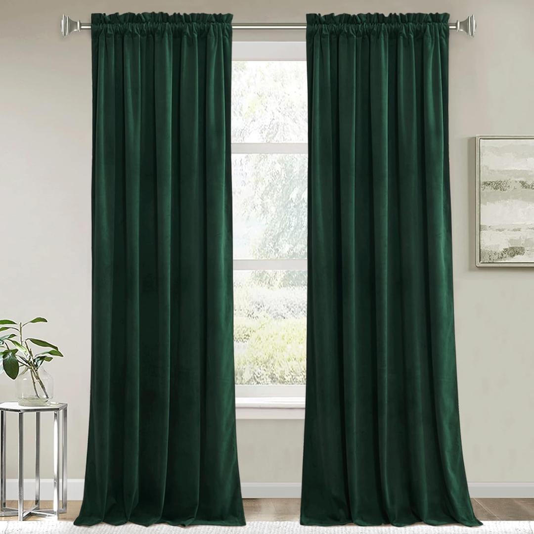 RYB HOME Green Velvet Curtains & Drapes - Half Blackout Thermal Insulating Soft Window Curtains for Bedroom Living Room Dining Sliding Glass Door, Hunter Green, 52" Width x 84" Length, 1 Pair