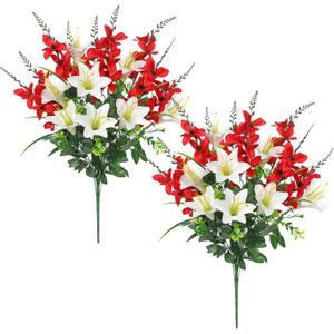 Cemetery Flowers 2pack Cemetery Decorations for Grave Funeral Flowers Artificial Lily Gladiolus Cemetery Flowers for Grave Graveyard Memorial Flowers for Gravesite Cemetery Headstones -Red and White