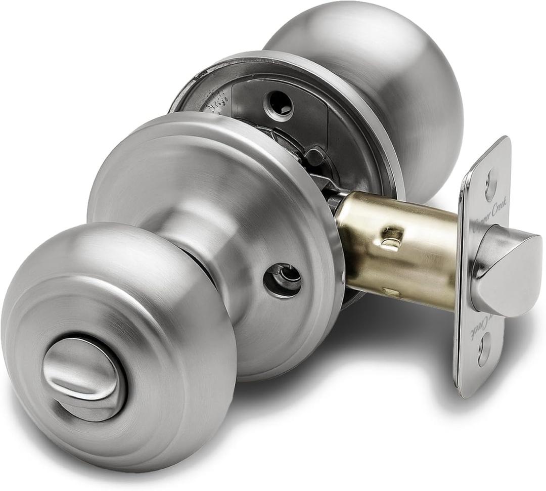 Copper Creek Colonial Privacy Interior Door Knob  ANSI Grade-3 Certified, Modern Heavy Duty Handle, Easy Install and Reversible for Bedroom, Bathroom and Closets  Satin Stainless (1 Pack)