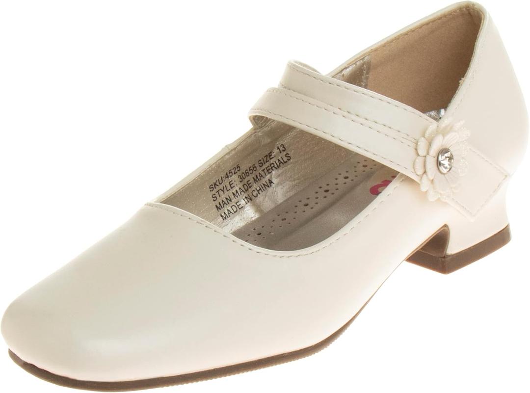 Josmo Dress Mary Jane Wedding Party Heels Ballerina Flower Shoes, Hook and Loop Buckle (Toddler/ Girl), Glossy Beige, 13 Big Kid