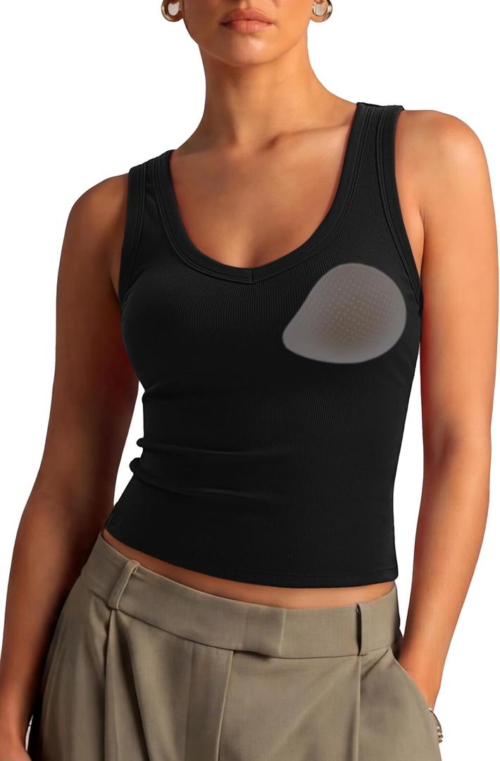 SUUKSESS Women Cotton Ribbed Summer Casual Tops Padded Loose Fit Tank Tops (Black, XL)