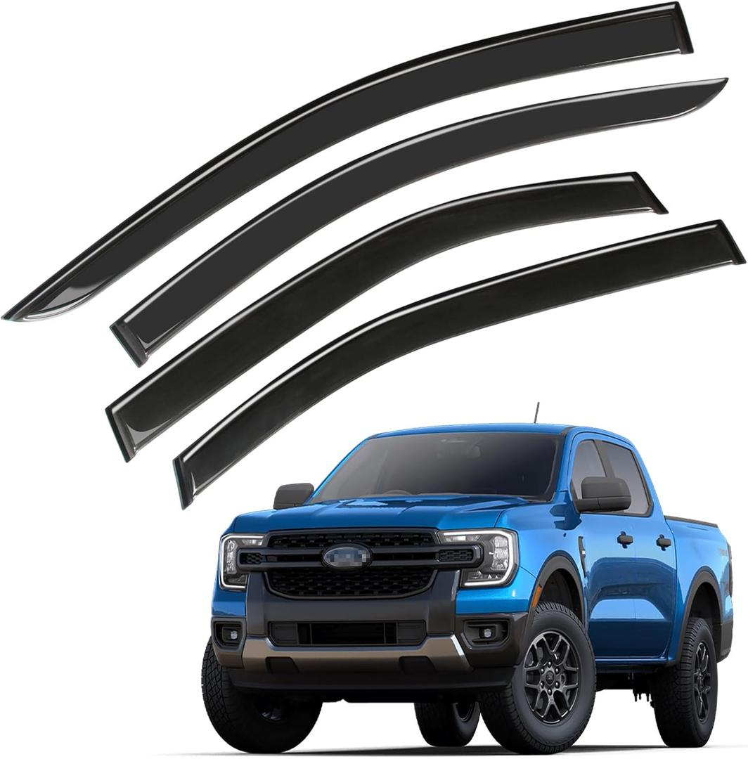 Window Visor Wind Deflector, 4PCS Tape-On Rain Guards for 2024 2025 2026 Ford Ranger, Outside Mount Sun Shade Side Window Vent Visors, Black