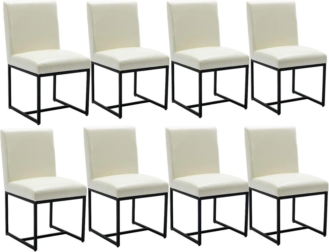 CIMOTA Modern Dining Chairs Set of 8, Leather Dining Room Chairs Upholstered Armless Guest Side Chair with Black Base for Dining Room/Kitchen, Cream 8PCS