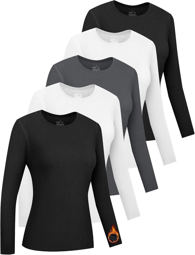 HOPLYNN 5 Pack Womens Long Sleeve Thermal Shirts Crew Neck Double Sided Fleece Lined Baselayer Tops for Cold Weather (Medium, 2 Black 2 White 1 Heather Grey)