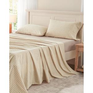 PURE ERA King Sheet Set 100% Washed Cotton Gingham Bed Sheets King Size, 4 Pieces Set Linen Like Textured Breathable Durable Soft Comfy - 15" Deep Pocket - Checked Beige