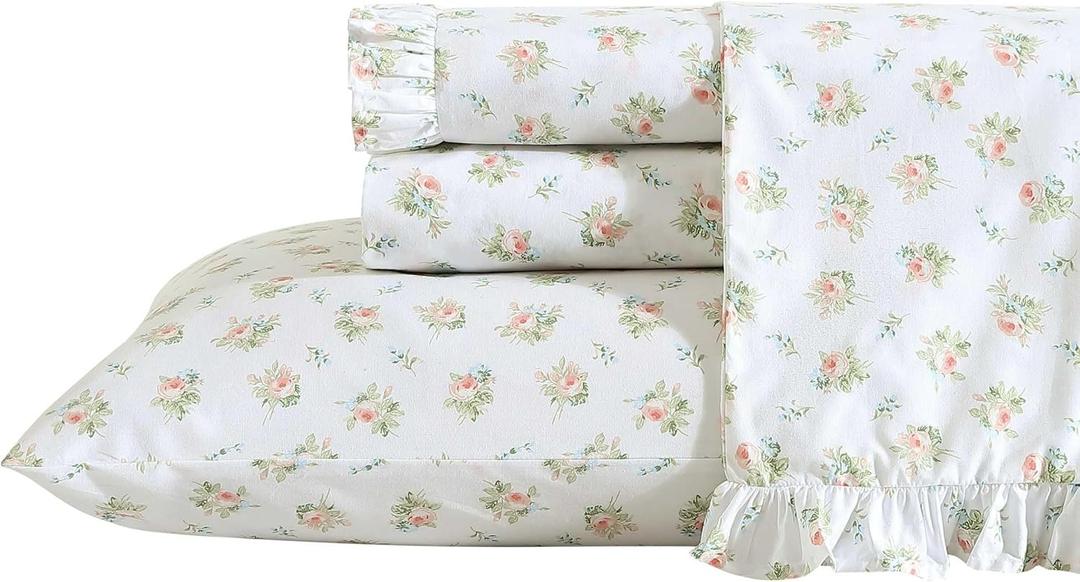 Laura Ashley - Queen Sheet Set, Breathable Percale Cotton Bedding, 200 Thread Count, Floral Home Decor (Roseford Orange, Queen)