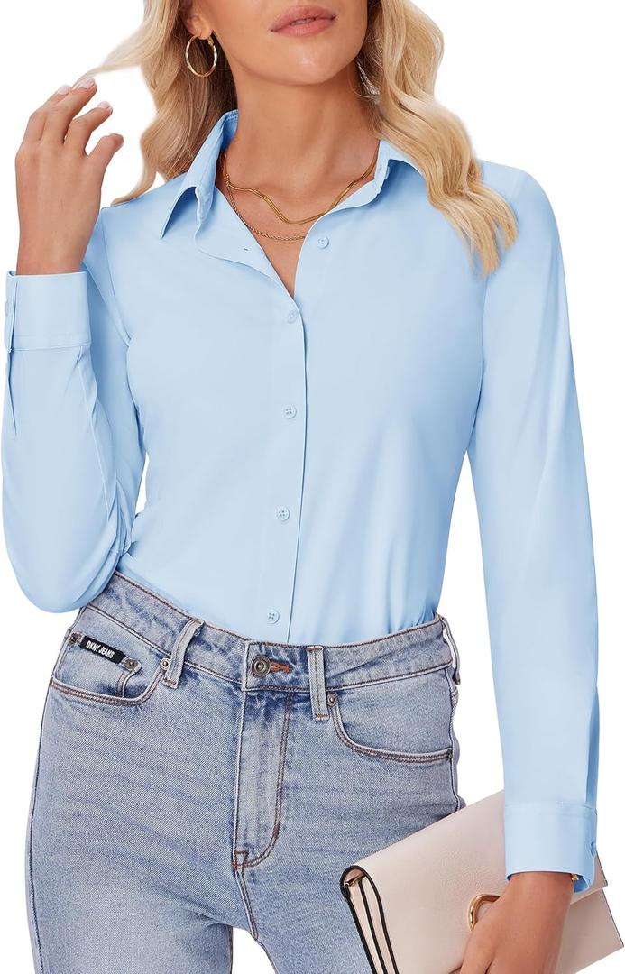 siliteelon Button Down Shirts for Women Slim fit Long Sleeve Stretch Dress Shirts Work Shirt Wrinkle Free Office Blouses Light Blue Small
