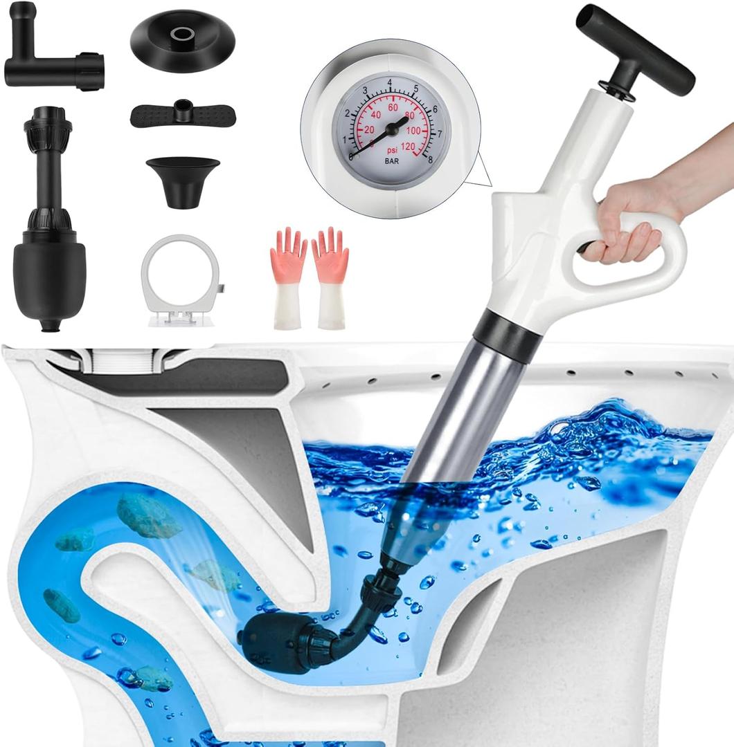 High Pressure Plunger Toilet Air Plunger Power Plunger Toilet Clog Remover High-Pressure Air Drain Blaster Gun with Real-Time Visual Barometer Plunger Pump for Toilets, Bathroom, Clogged Pipe, Sink (White)