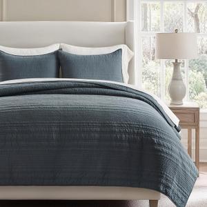 EVERGRACEHOME 100% Cotton Modern Lines Quilt Set King Size, Pre-Washed Soft Striped Coverlet Bedspread, 3 Piece Lightweight Bedding Set for All Season, with 2 Pillow Shams, Midnight Blue