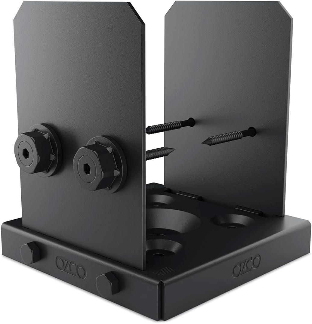 Ozco Ironwood Lite 6x6 Post Base Kit, Includes 1 Post Base Plate, 4 Decorative Plates, 8 Hex Cap Nuts, OWT Timber Screws, Galvanized Steel for Pergolas | 52108