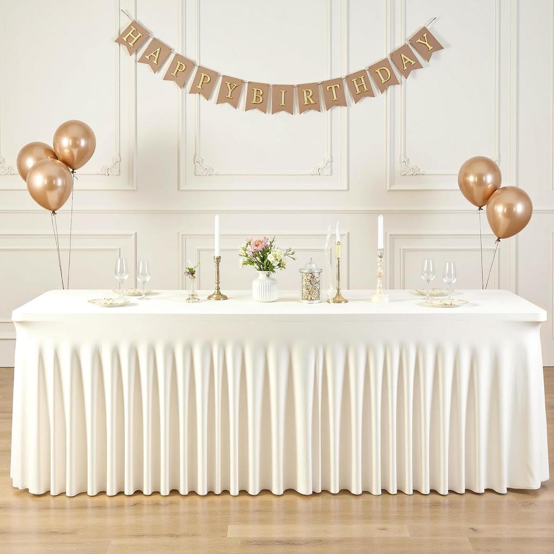 8ft Ivory Spandex Table Cloths for Rectangle Tables Wrinkle Free Ivory Rectangle Tablecloths, Stretch Fitted Table Cover with Skirt for Wedding Birthday Party Banquet Baby Shower Buffet Event