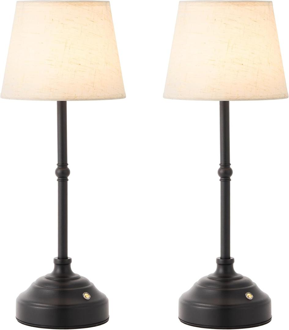 keysays 2 Pack Cordless Table Lamp, Rechargeable Desk Lamp with Fabric Shade, Battery Operated Lamp 3 Color Stepless Dimming, Small Touch Bedside Lamp Home Decor for Dining, Counter (Matte Black)