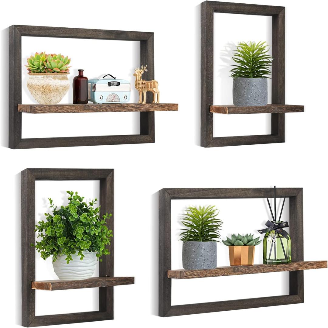 idee-home Floating Shelves for Wall, Rustic Square Hanging Floating Shelves Set of 4 Wood, Wall Decor Mounted Bathroom, Living Room, Kitchen Storage (Black)