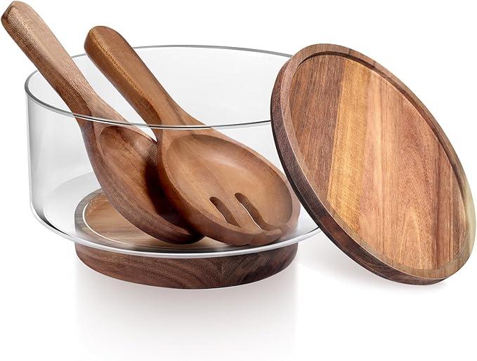 Large Glass Salad Bowls, Salad Bowl Set for Party with Acacia Wood Base and Lid and Salad Serving Utensils, Elegant and Practical Salad Bowls for Kitchen Essentials