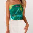 MASCOMODA Women Floral Tube Top Summer 2026 Cute Strapless Crop Mesh Going Out Tops Y2K Ruched Bandeau Beach Vacation Clothes (Green, S)