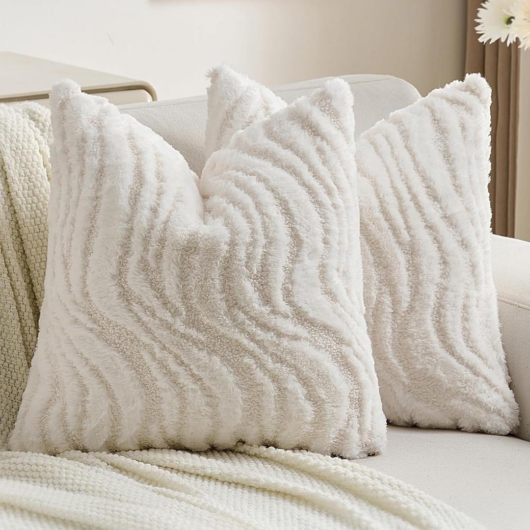 FUTEI Pack of 2 Solid Faux Fur Geometric Striped Throw Pillow Covers 20x20 Inch Soft Farmhouse Decorative Accent Cushion Cases Modern Home Decor for Couch Living Room, White