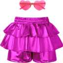 Girls Pleated Metallic Shorts Shiny Sparkle Ruffle Scooter Skater Dance Elastic Waist Rave Pants with Sunglasses for 6-13Y (Pink)
