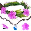 Hawaiian Flower Crown Accessories Set - 4 Pcs Pink Tropical Floral Headband Plumeria Hair Clips and Bohemia Shell Necklace for Women Girls Summer Beach Pool Hula Outfits Decorations Supplies