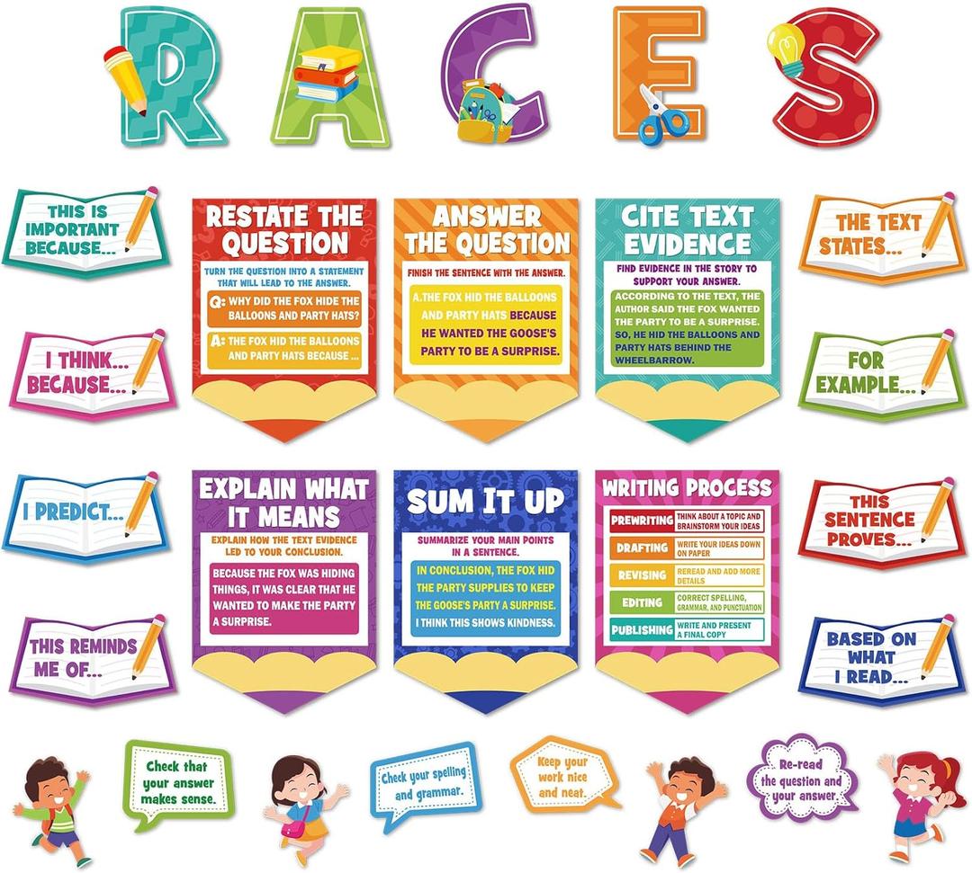 Races Writing Strategy Poster for Classroom Writing Classroom Decorations Bulletin Board Set for Teaching Supplies Elementary Middle School Home Wall Decor(Bright)