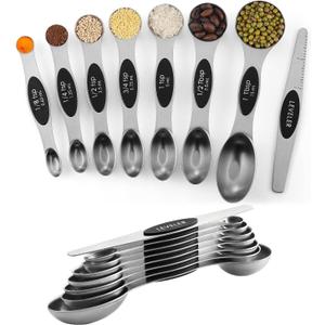 Pack of 8 Stainless Steel Magnetic Measuring Spoons Set, Dual Sided, Stackable, Adjustable Teaspoon and Tablespoon Measure Spoon with Leveler, Kitchen Gadgets Set 5 (Black)