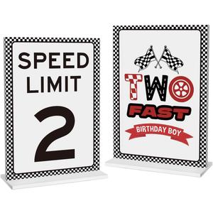 Speed Limit 2 Sign, 2 Fast birthday Boys Sign for Boys Birthday Party Decorations, 2PCS 5x7 Inches Acrylic Sign with Stand, Let's Go Racing Party Supplies for Boy Race FansRed)