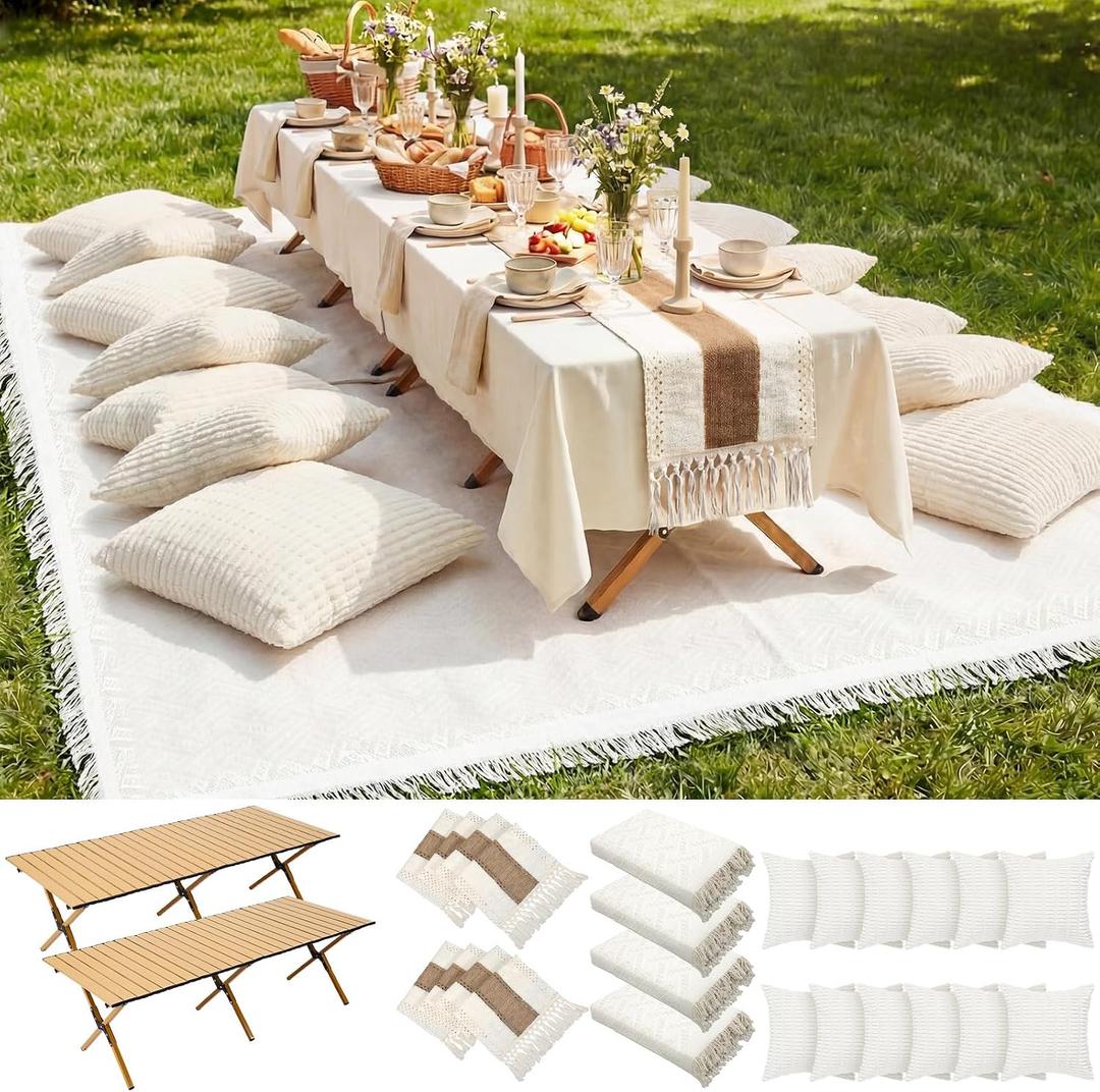 Novabright 20 Pcs Boho Picnic Kit Folding Picnic Table 59'' x 20.5'' Extra Large Outdoor Boho Blanket 91'' x 71'' Beige White Table Runner 12 Pillow Cover Woven Cotton Oversize Washable for Wedding