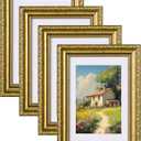 eletecpro 5x7 Picture Frames Set of 4, Gold Photo Frames with Glass Cover, Vintage Picture Frame 5 x 7 Displays 4x6 Photo with Mat or 5x7 without Mat for Tabletop or Wall Decor, Gold