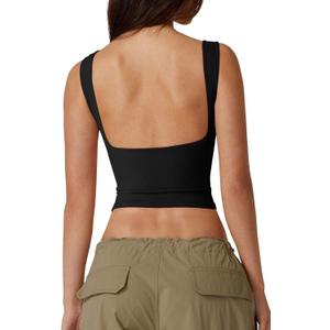 QINSEN Women's Sexy Open Back Sleeveless Crop Tank High Neck Slim Fit Cropped Tee Shirt Y2k Tops (Medium, Black)