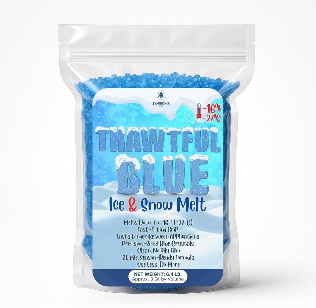 Thawtful Blue Ice & Snow Melt  Snow Melt, Rock Salt, Driveway & Sidewalk Salt for Ice, Blue Granular Rock Salt, Melts to 16F (27C)  Resealable Zip Bag (3 QUARTS - 6.4 lb.)