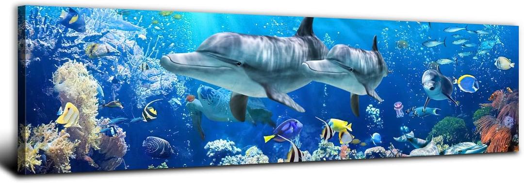 Ocean Dolphin Wall Art for Bathroom Nautical Theme Picture Photo Coastal Room Decor Nature Blue Seascape Painting Prints Under The Sea World Landscape Poster Artwork Living Room Home Decoration 14x48"