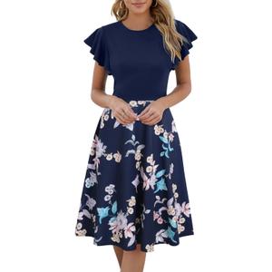 HELYO Women's Semi-Formal Ruffle Sleeves V-Back Work Fit and Flare Cocktail Knee Length Dress with Pockets 842 (X-Large, Blue Floral)