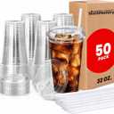 32 oz Clear Plastic Cups With Lids & Straws Thick, Reusable, Disposable Iced Coffee Cups for Smoothies, Beer & Any Beverages for Parties, (32 OZ)