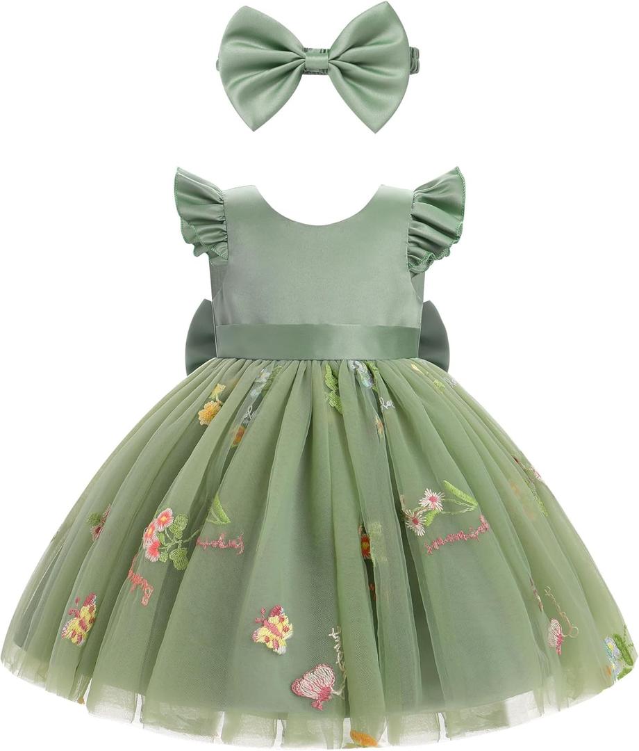 IDOPIP Toddler Baby Girls Tutu Dress Embroidery Strawberry Birthday Party Dresses Princess Pageant Bowknot Gown with Headwear (12-18 Months, Green)