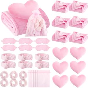 36 Pcs Sleepover Party Supplies 6 Throw Blanket 6 Spa Headband 6 Heart Pillows 6 Scrunchies 6 Sleep Eye Mask 6 Organza Bag for Spa Slumber Party Favors Supplies (Pink)