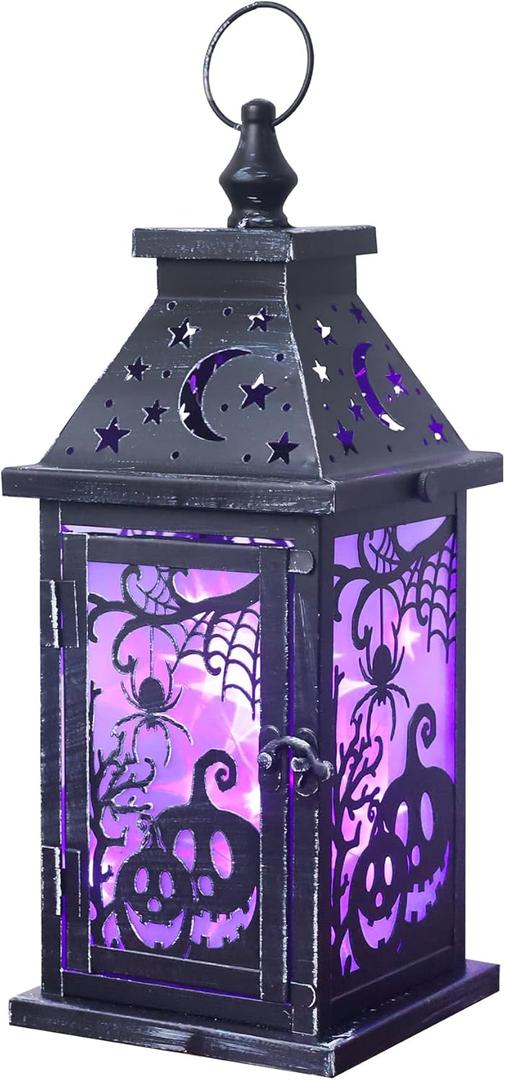 DECORKEY Halloween Decorations Indoor, 14.7" Decorative Spider&Pumpkin Candle Lantern with 78" LED Lights(8 Modes), Hanging Spooky Halloween Lanterns, Outdoor Home Room Door Party Decor