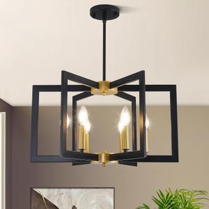 21.6" Black and Gold Chandelier,6-Light Geometric Dining Room Fixture,Modern Industrial Foyer Lighting Fixtures,Rustic Farmhouse Hanging Pendant Lights for Living Room,Bedroom,Entryway,Kitchen Island