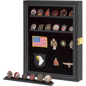 Verani Medals Display Case - Military Challenge Coin Display Shadow Box - Pin Display Cabinet with Removable Shelves and Pinnable Background for Badges Ribbons Insignia Buttons Small Black