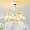 White Caged Ceiling Fans with Lights, 20'' Mid Century Chandelier Ceiling Fan with Light and Remote, Low Profile Ceiling Fan with 6 Speeds for Bedroom Nursery Kitchen