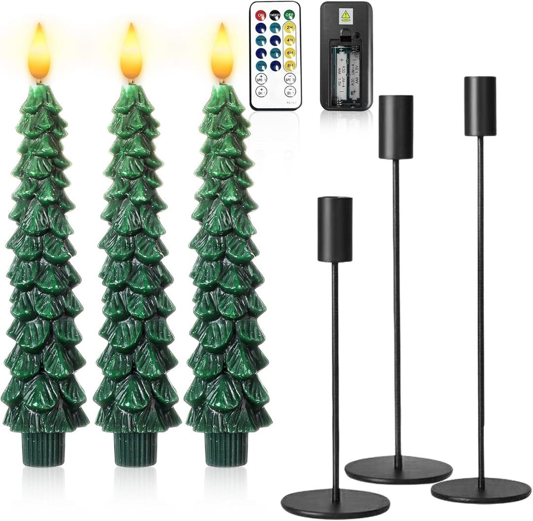 Honoson 3 Sets Flameless Christmas Tree Taper Candles with Holders Remote Control, LED Taper Candles Battery Operated Flickering Candlesticks for Holiday Window Fireplace Decor (Black)