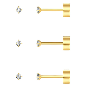 3 Pcs Tiny Flat Back Earrings for Women Men 14K Gold Plated Surgical Stainless Steel Stud Earrings Cubic Zirconia Cartilage Earring Hypoallergenic Piercing Jewelry, 2-4mm